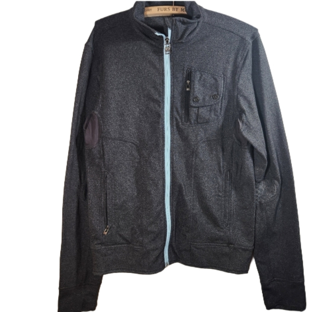 Men's luluatheltica small zippered blue and grey‎ sweater, high collar